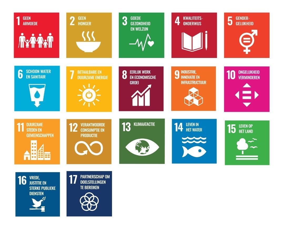 grid view met de iconen voor de 17 sustainable development goals ( SDG's)